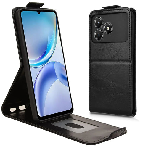 For ZTE Blade A36 Stand Case Magnetic Clasp Vertical Flip Leather Phone Cover with Card Holder - Black - 1