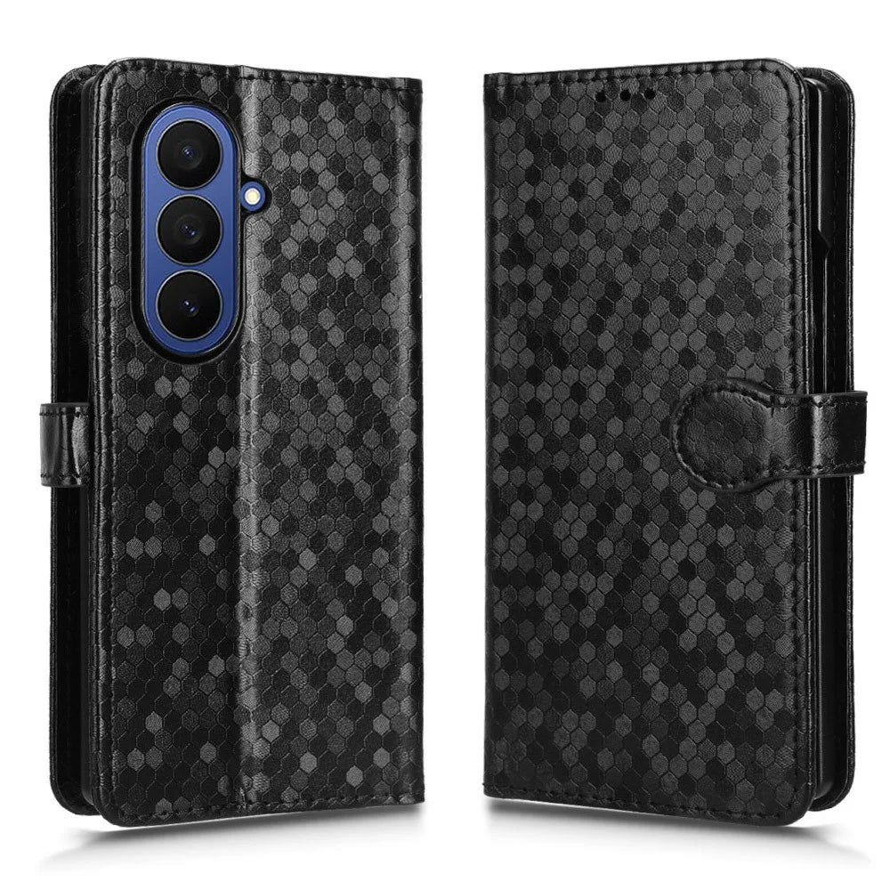 For Samsung Galaxy Z Fold7 5G Wallet Case Dot Pattern Imprint PU Leather Phone Cover with Wrist Strap - Black - 1