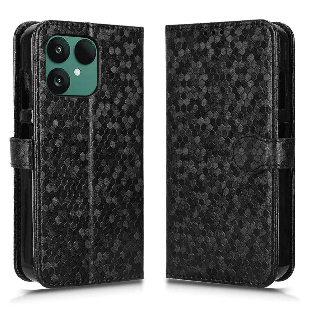 For Fairphone 6 Wallet Case Dot Pattern Imprint PU Leather Phone Cover with Wrist Strap - Black - 1