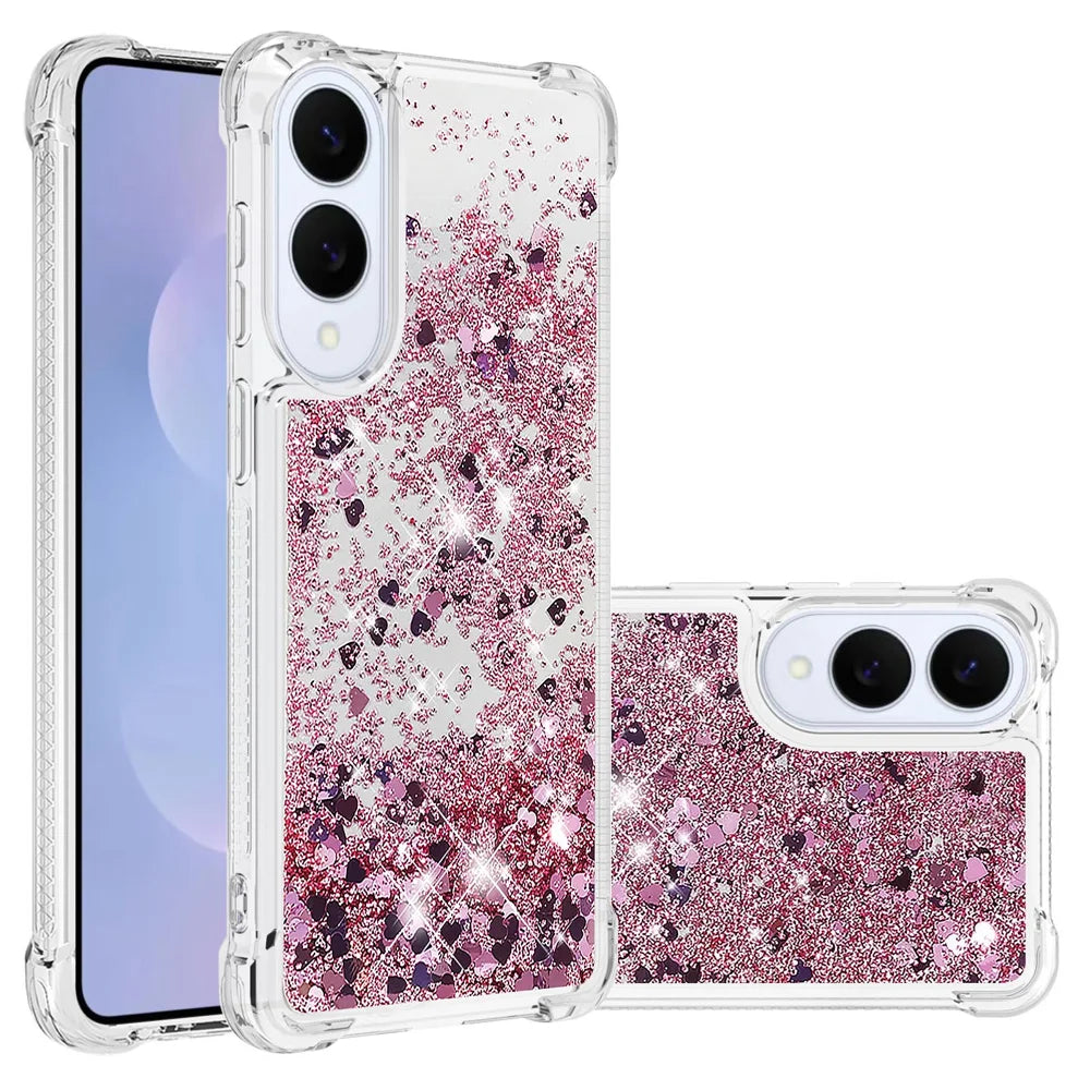 For Samsung Galaxy S25 Edge TPU Case Glitter Quicksand Shockproof Phone Back Cover - Rose Gold / Hearts - 1