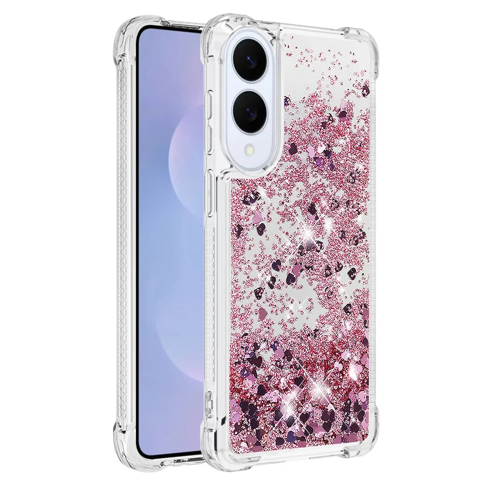 For Samsung Galaxy S25 Edge TPU Case Glitter Quicksand Shockproof Phone Back Cover - Rose Gold / Hearts - 3