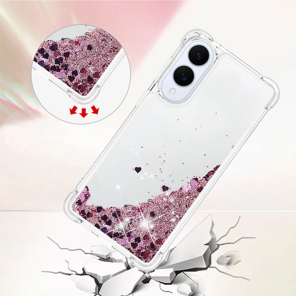 For Samsung Galaxy S25 Edge TPU Case Glitter Quicksand Shockproof Phone Back Cover - Rose Gold / Hearts - 4