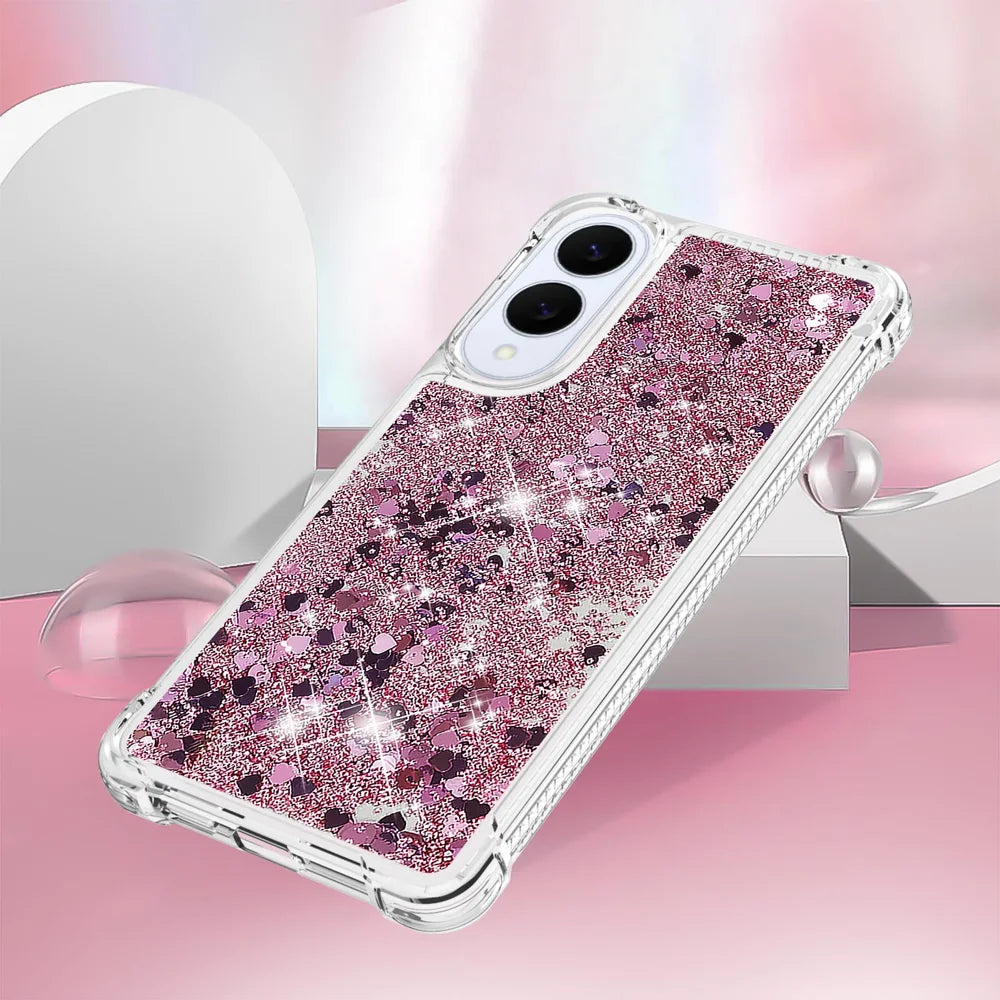 For Samsung Galaxy S25 Edge TPU Case Glitter Quicksand Shockproof Phone Back Cover - Rose Gold / Hearts - 5