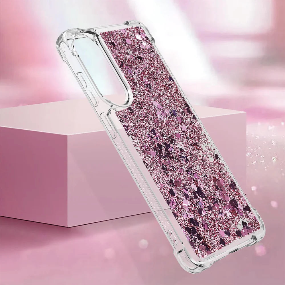 For Samsung Galaxy S25 Edge TPU Case Glitter Quicksand Shockproof Phone Back Cover - Rose Gold / Hearts - 6