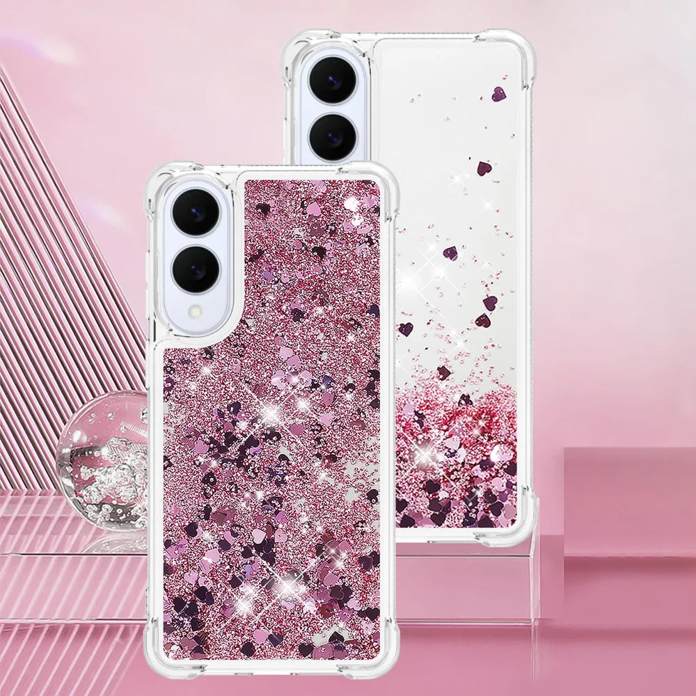 For Samsung Galaxy S25 Edge TPU Case Glitter Quicksand Shockproof Phone Back Cover - Rose Gold / Hearts - 7