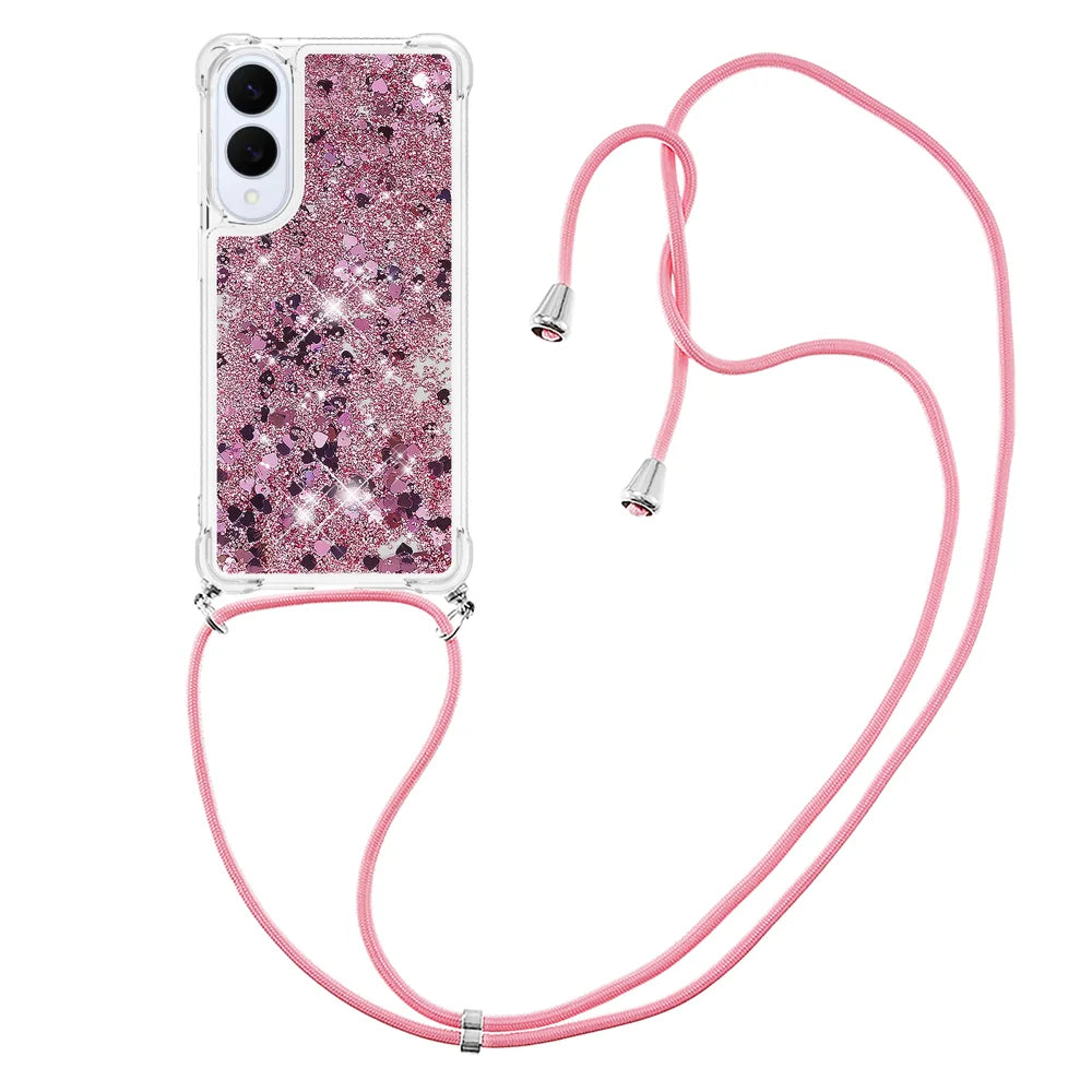 For Samsung Galaxy S25 Edge TPU Case Quicksand Phone Cover with Lanyard - Rose Gold / Hearts - 1