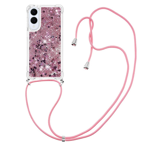 For Samsung Galaxy S25 Edge TPU Case Quicksand Phone Cover with Lanyard - Rose Gold / Hearts - 1