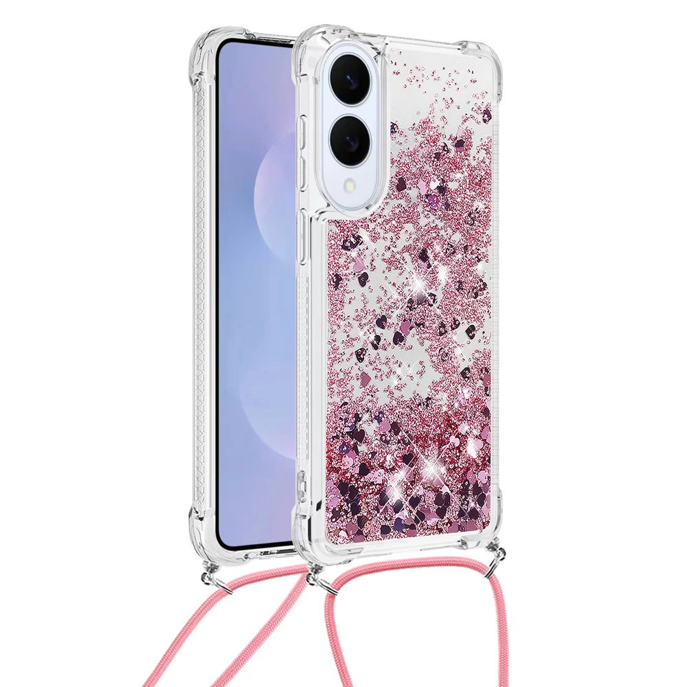 For Samsung Galaxy S25 Edge TPU Case Quicksand Phone Cover with Lanyard - Rose Gold / Hearts - 2