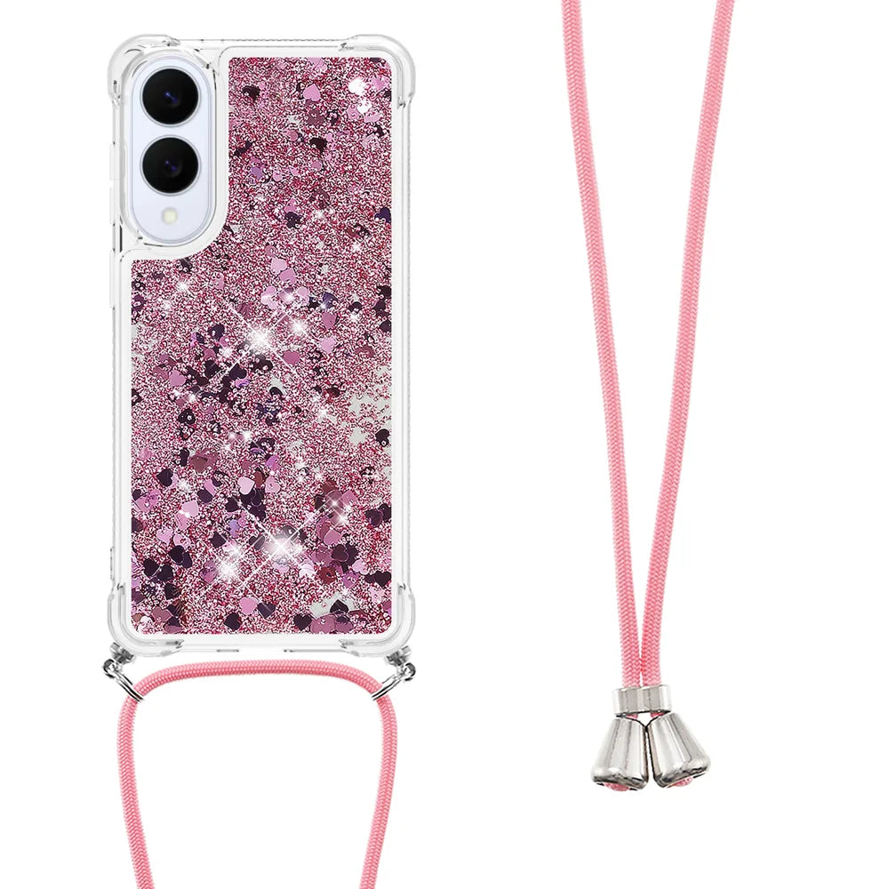 For Samsung Galaxy S25 Edge TPU Case Quicksand Phone Cover with Lanyard - Rose Gold / Hearts - 3