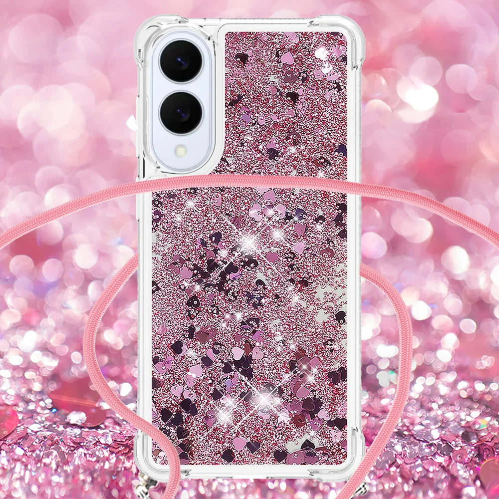 For Samsung Galaxy S25 Edge TPU Case Quicksand Phone Cover with Lanyard - Rose Gold / Hearts - 4