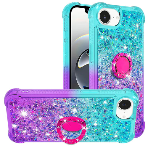 For iPhone 17e / 16e TPU Case with Kickstand Gradiant Quicksand Shockproof Cover - Sky Blue+Purple - 1
