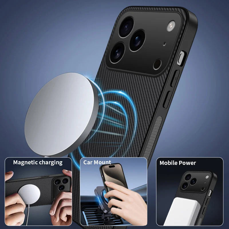 WANLONFENG For iPhone 17 Pro Magnetic Case  TQ1 Series Carbon Fiber Texture PC TPU Phone Cover with 2Pcs Screen Films - Black - 4
