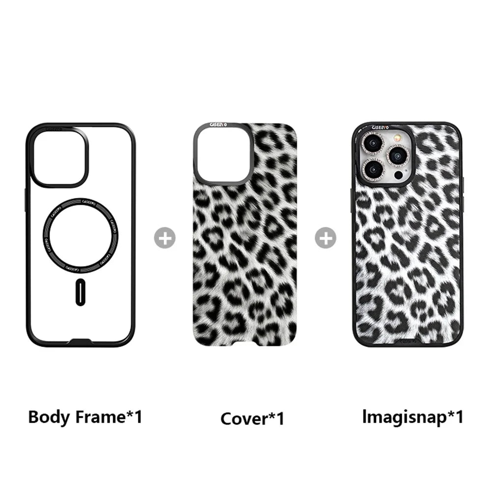 CASEEVO For iPhone 14 Pro Case Compatible with MagSafe TPU Acrylic Phone Cover with Detachable Leopard Backplate - Black / White - 5
