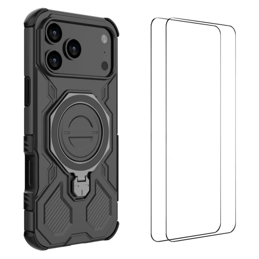 WANLONFENG KJ Series For iPhone 17 Pro Case Kickstand PC TPU Phone Cover with 2Pcs Screen Film (Big Lens Hole) - Black - 1