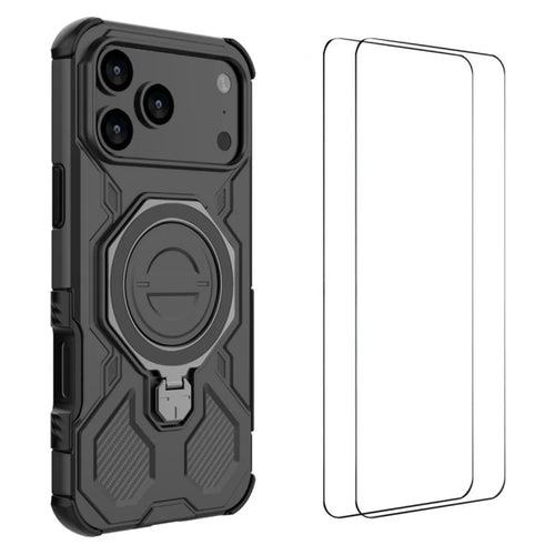 WANLONFENG KJ Series For iPhone 17 Pro Case Kickstand PC TPU Phone Cover with 2Pcs Screen Film (Big Lens Hole) - Black - 1