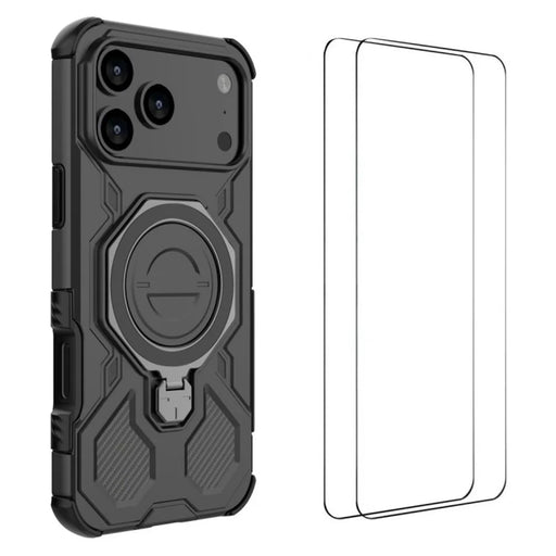 WANLONFENG KJ Series For iPhone 17 Pro Case Kickstand PC TPU Phone Cover with 2Pcs Screen Film (Big Lens Hole) - Black - 1