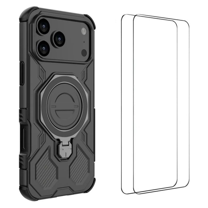WANLONFENG KJ Series For iPhone 17 Pro Case Kickstand PC TPU Phone Cover with 2Pcs Screen Film (Big Lens Hole) - Black - 1
