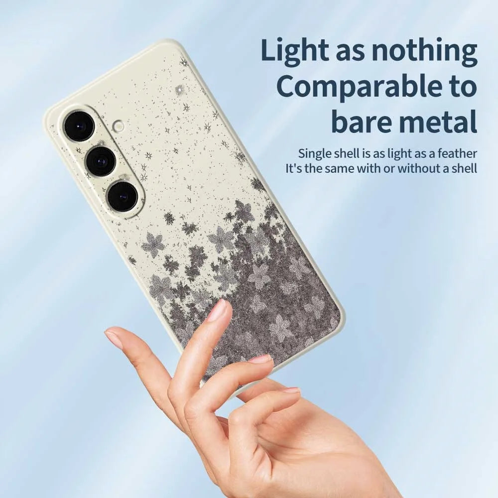 For Samsung Galaxy S25+ Case Grey Flowers Pattern Printing Straight Edge TPU Phone Back Cover - Beige - 3