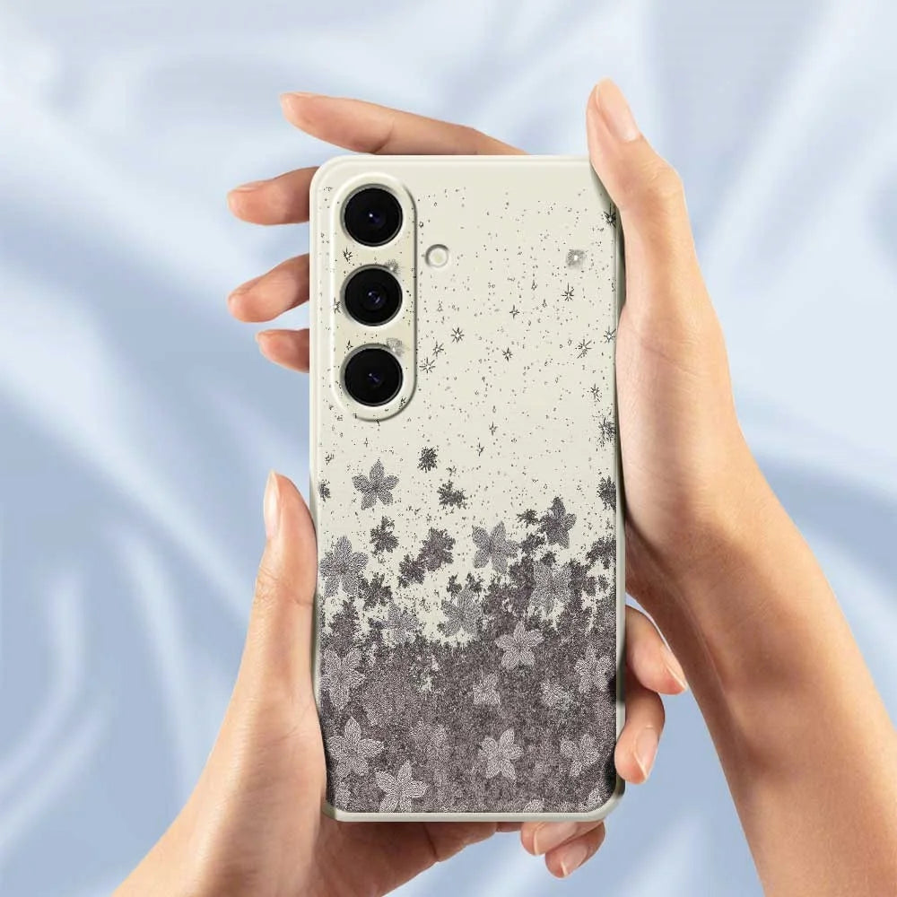For Samsung Galaxy S25+ Case Grey Flowers Pattern Printing Straight Edge TPU Phone Back Cover - Beige - 4