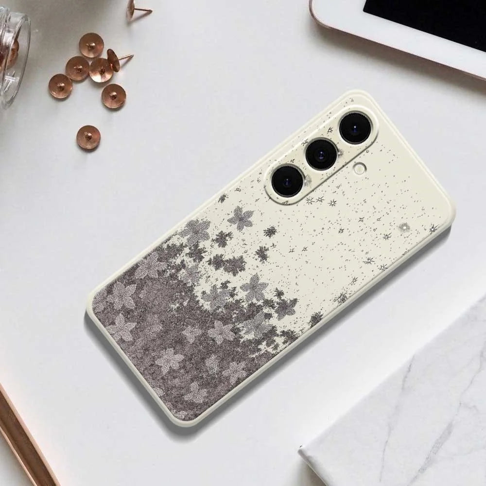 For Samsung Galaxy S25+ Case Grey Flowers Pattern Printing Straight Edge TPU Phone Back Cover - Beige - 6