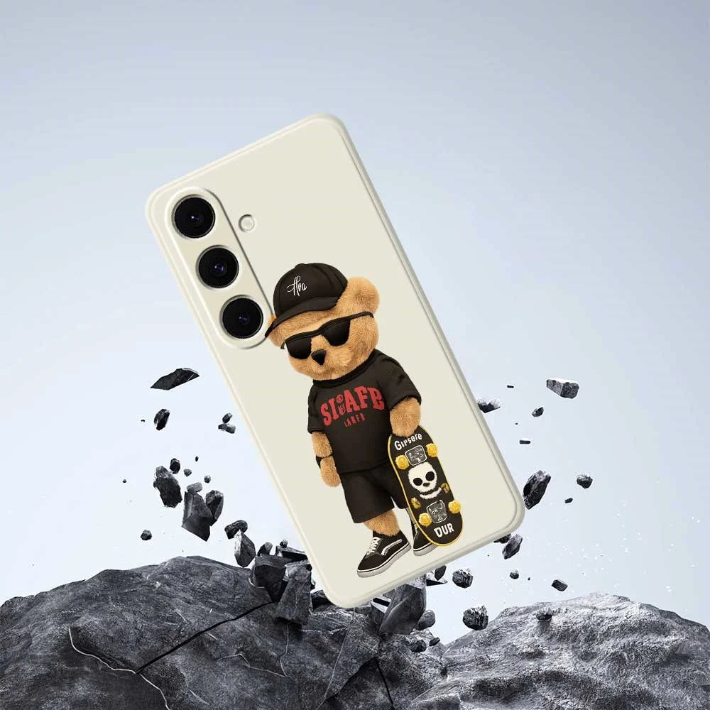 For Samsung Galaxy S25+ Case Cool Bear Pattern Printing Straight Edge TPU Phone Back Cover - Beige - 5