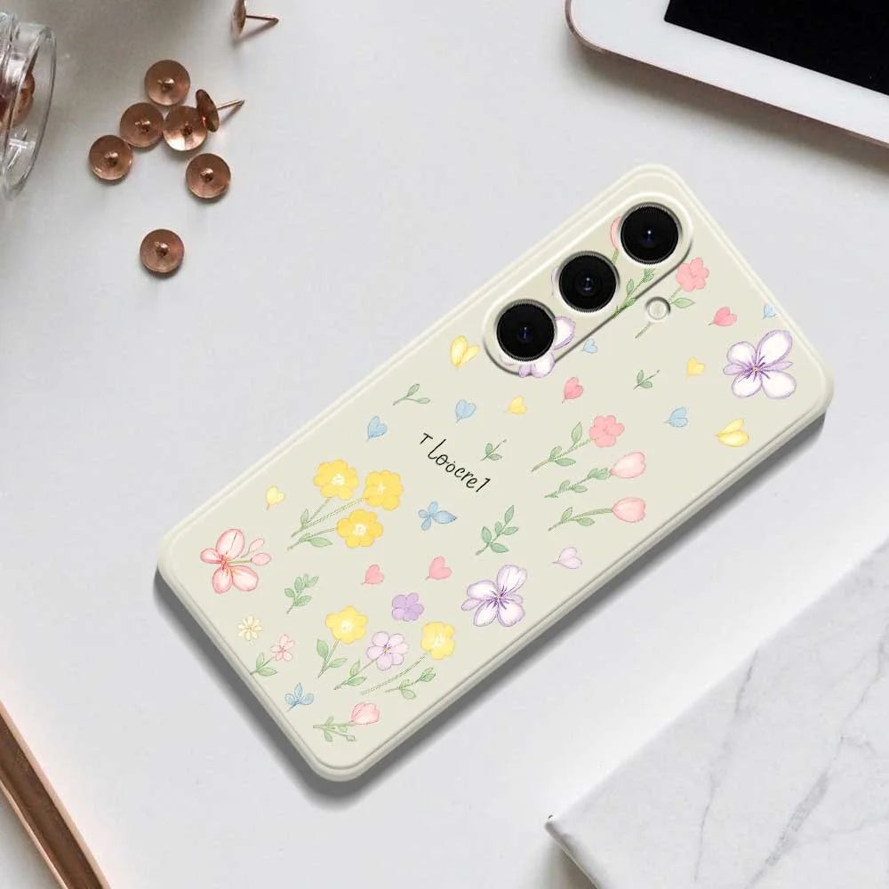 For Samsung Galaxy S25+ Case Small Flowers Pattern Printing Straight Edge TPU Phone Back Cover - Beige - 6