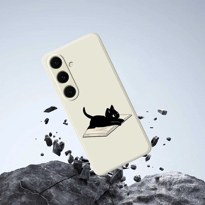 For Samsung Galaxy S25+ Case Book and Cat Pattern Printing Straight Edge TPU Phone Back Cover - Beige - 5