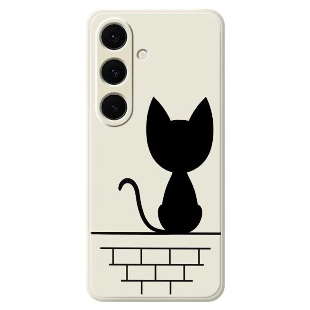 For Samsung Galaxy S25+ Case Black Cat on the Wall Pattern Printing Straight Edge TPU Phone Back Cover - Beige - 1