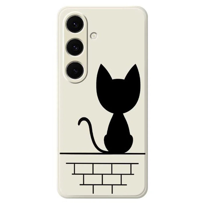 For Samsung Galaxy S25+ Case Black Cat on the Wall Pattern Printing Straight Edge TPU Phone Back Cover - Beige - 1