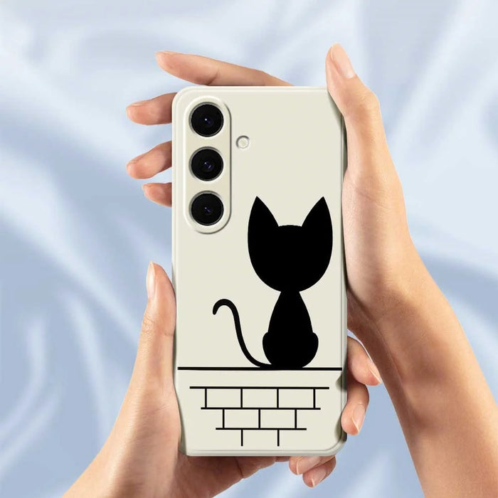 For Samsung Galaxy S25+ Case Black Cat on the Wall Pattern Printing Straight Edge TPU Phone Back Cover - Beige - 4