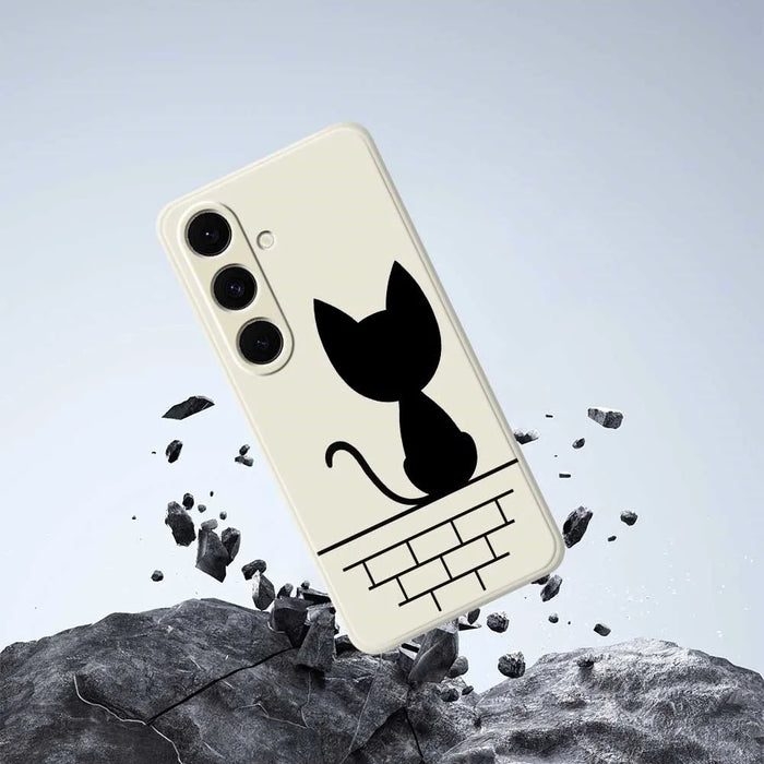 For Samsung Galaxy S25+ Case Black Cat on the Wall Pattern Printing Straight Edge TPU Phone Back Cover - Beige - 5