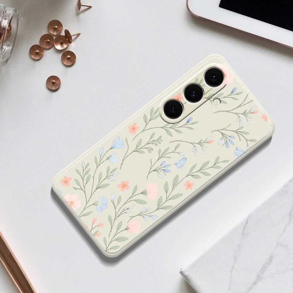 For Samsung Galaxy S25+ Case Pink Blue Flowers Pattern Printing Straight Edge TPU Phone Back Cover - Beige - 6