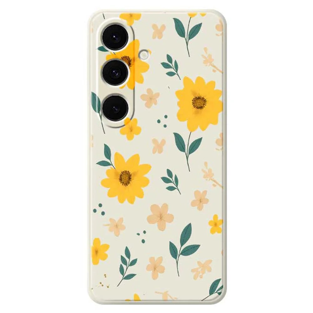 For Samsung Galaxy S25+ Case Yellow Floral and Leaves Pattern Printing Straight Edge TPU Phone Back Cover - Beige - 1