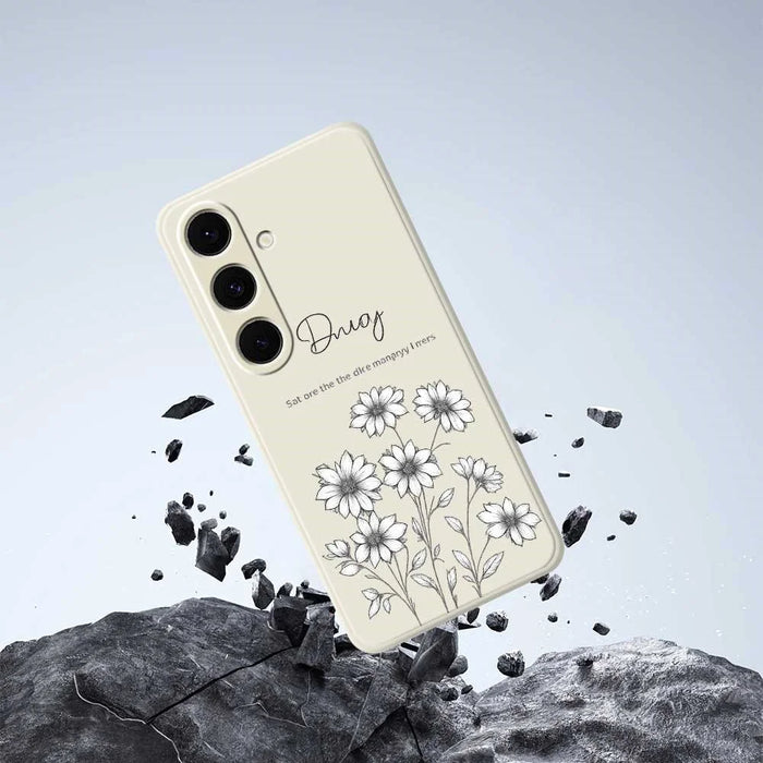 For Samsung Galaxy S25+ Case Sketch Flowers Pattern Printing Straight Edge TPU Phone Back Cover - Beige - 5