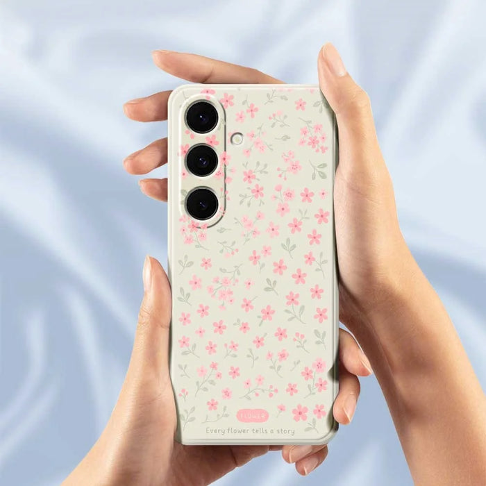 For Samsung Galaxy S25+ Case Pink Small Flowers Pattern Printing Straight Edge TPU Phone Back Cover - Beige - 4