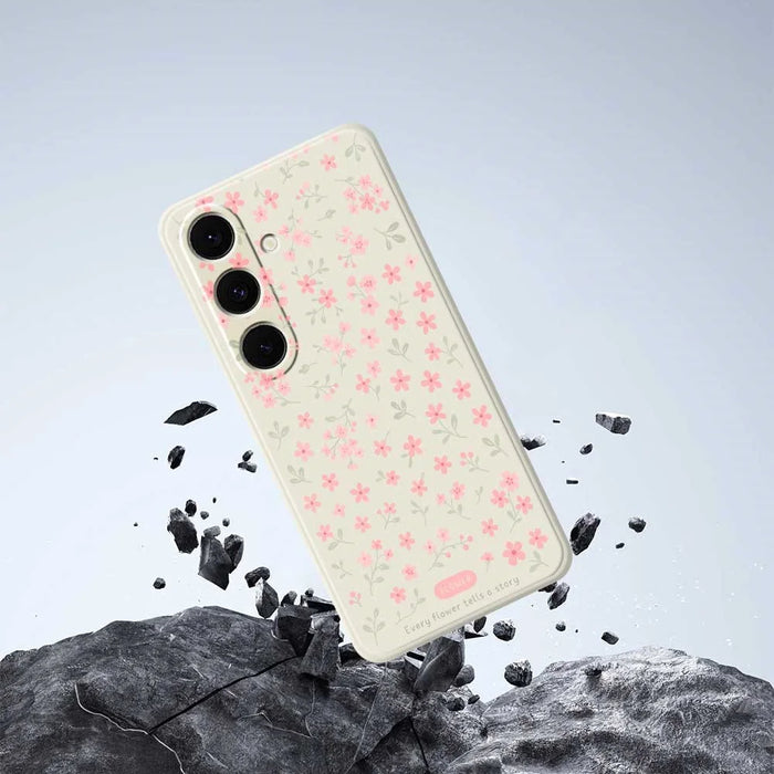 For Samsung Galaxy S25+ Case Pink Small Flowers Pattern Printing Straight Edge TPU Phone Back Cover - Beige - 5