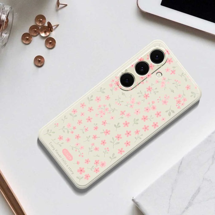 For Samsung Galaxy S25+ Case Pink Small Flowers Pattern Printing Straight Edge TPU Phone Back Cover - Beige - 6