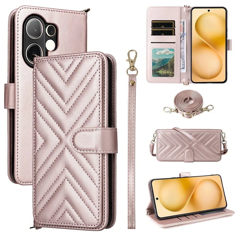 For vivo V60 5G Case with Shoulder  /  Wrist Strap Leather Phone Cover Stand Wallet - Pink - 1