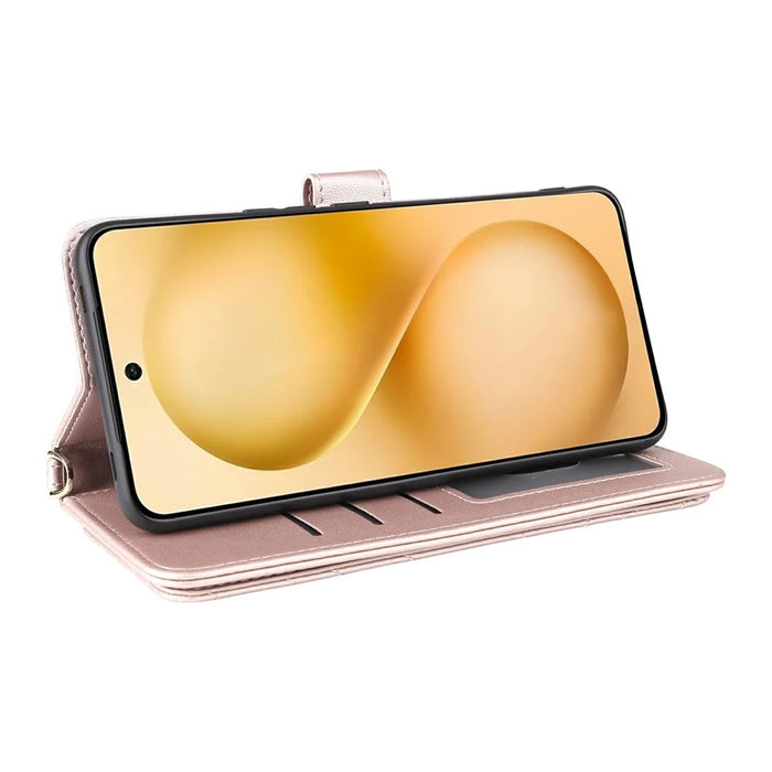 For vivo V60 5G Case with Shoulder  /  Wrist Strap Leather Phone Cover Stand Wallet - Pink - 5