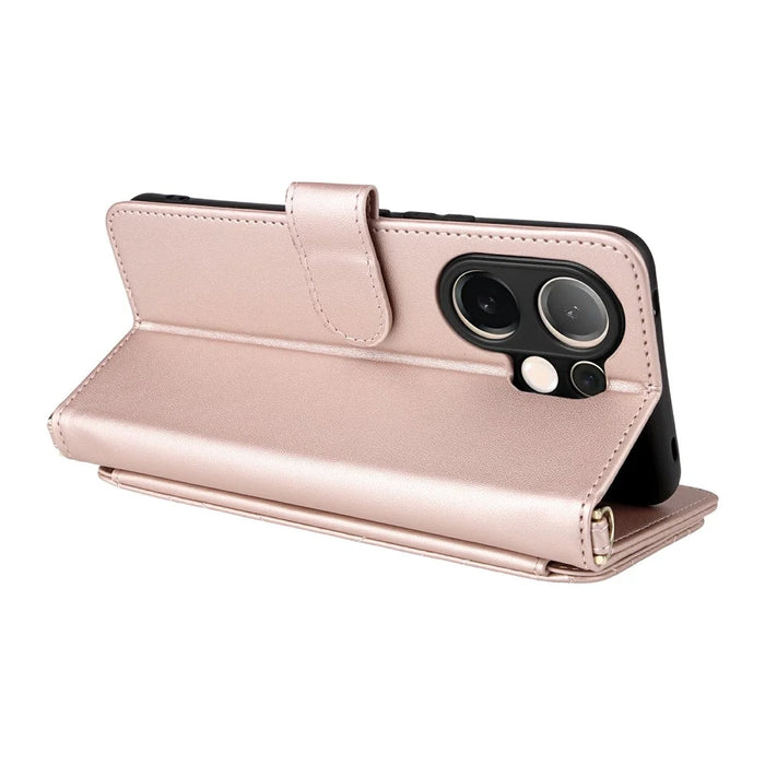 For vivo V60 5G Case with Shoulder  /  Wrist Strap Leather Phone Cover Stand Wallet - Pink - 6