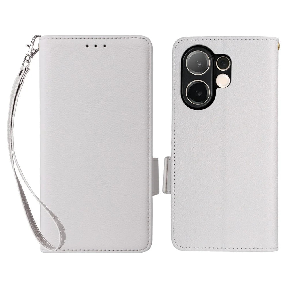 For vivo V60 5G Case with Wrist Strap Litchi Texture PU Leather Wallet Phone Cover - White - 1