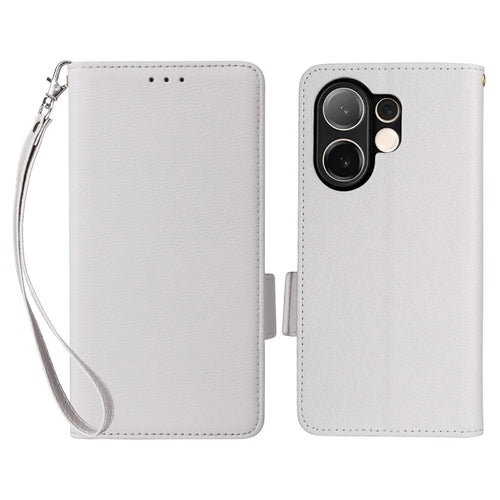 For vivo V60 5G Case with Wrist Strap Litchi Texture PU Leather Wallet Phone Cover - White - 1