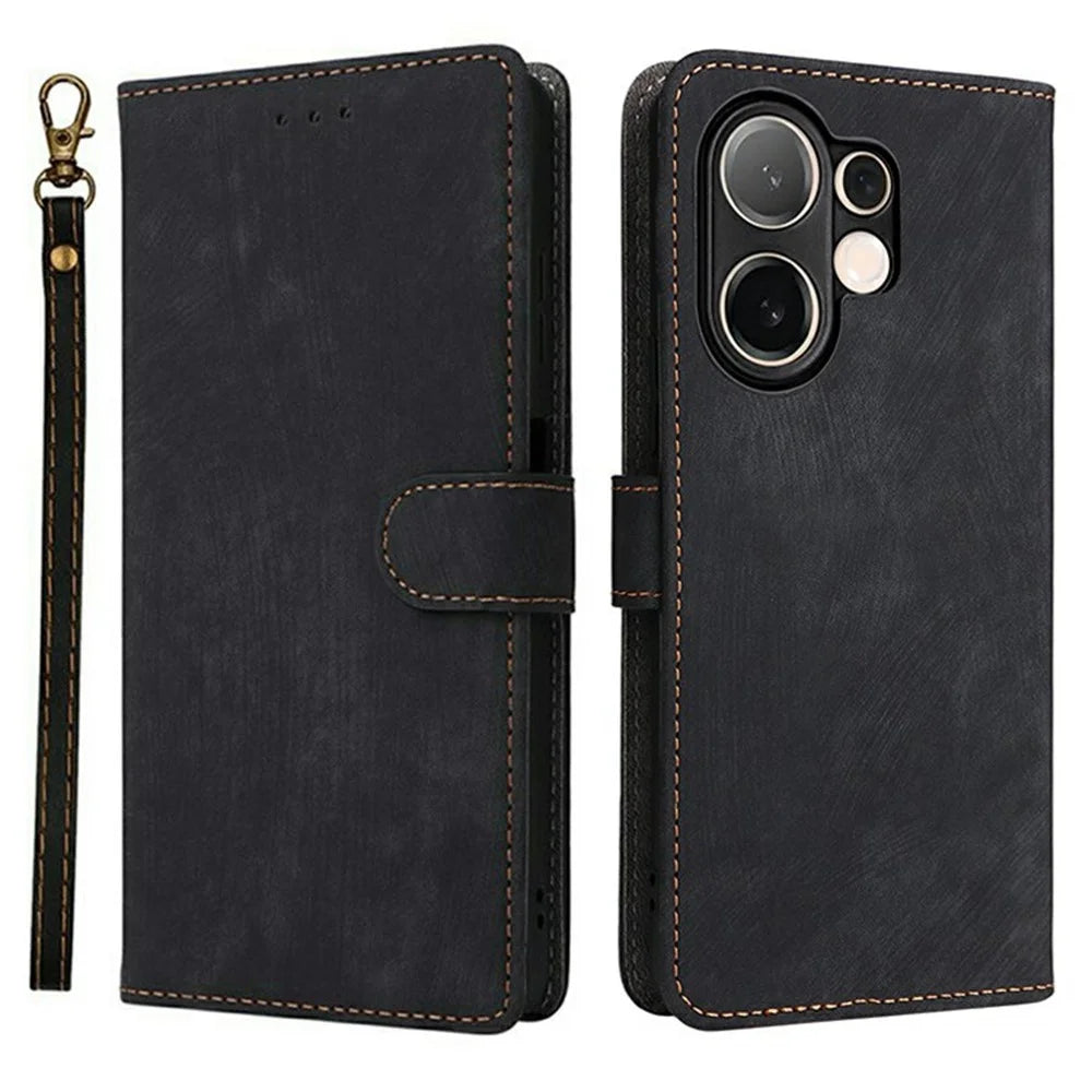 For vivo V60 5G Case Wallet RFID Blocking PU Leather Phone Cover Stand with Strap - Black - 1