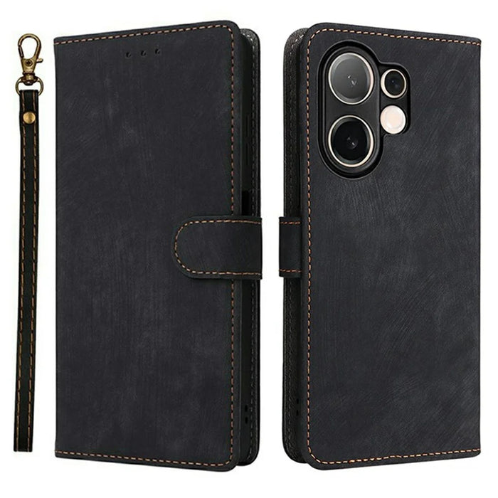 For vivo V60 5G Case Wallet RFID Blocking PU Leather Phone Cover Stand with Strap - Black - 1