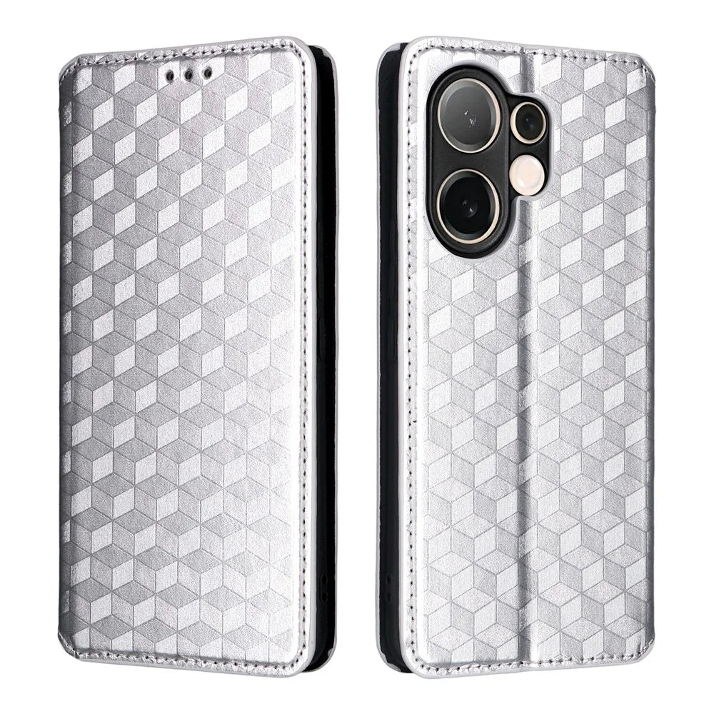 For vivo V60 5G Case Wallet Rhombus Imprint Leather Phone Cover - Silver - 1