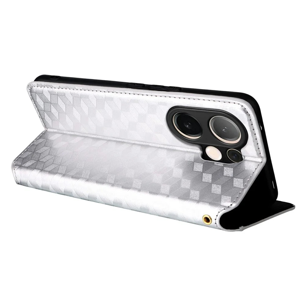 For vivo V60 5G Case Wallet Rhombus Imprint Leather Phone Cover - Silver - 5