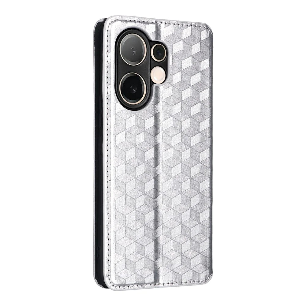 For vivo V60 5G Case Wallet Rhombus Imprint Leather Phone Cover - Silver - 7