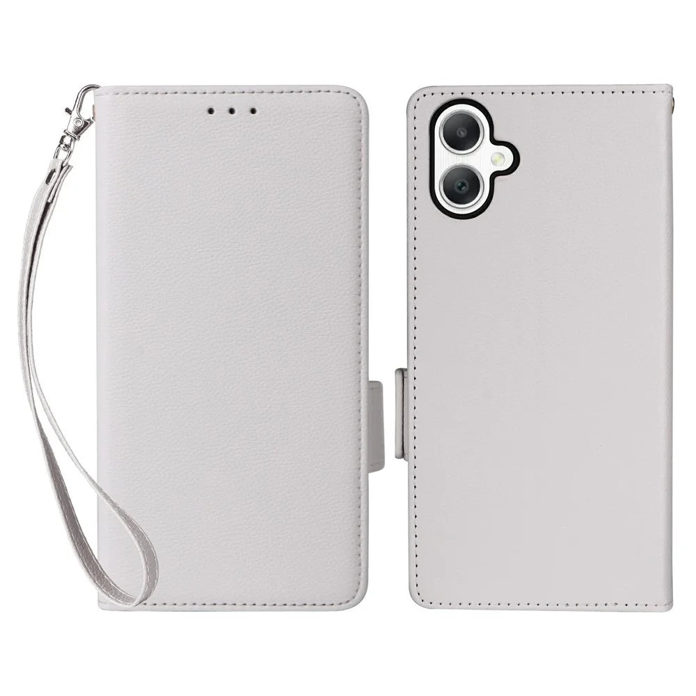 For Samsung Galaxy A08 5G / A08 4G / A07 4G Case with Wrist Strap Litchi Texture PU Leather Wallet Phone Cover - White - 1
