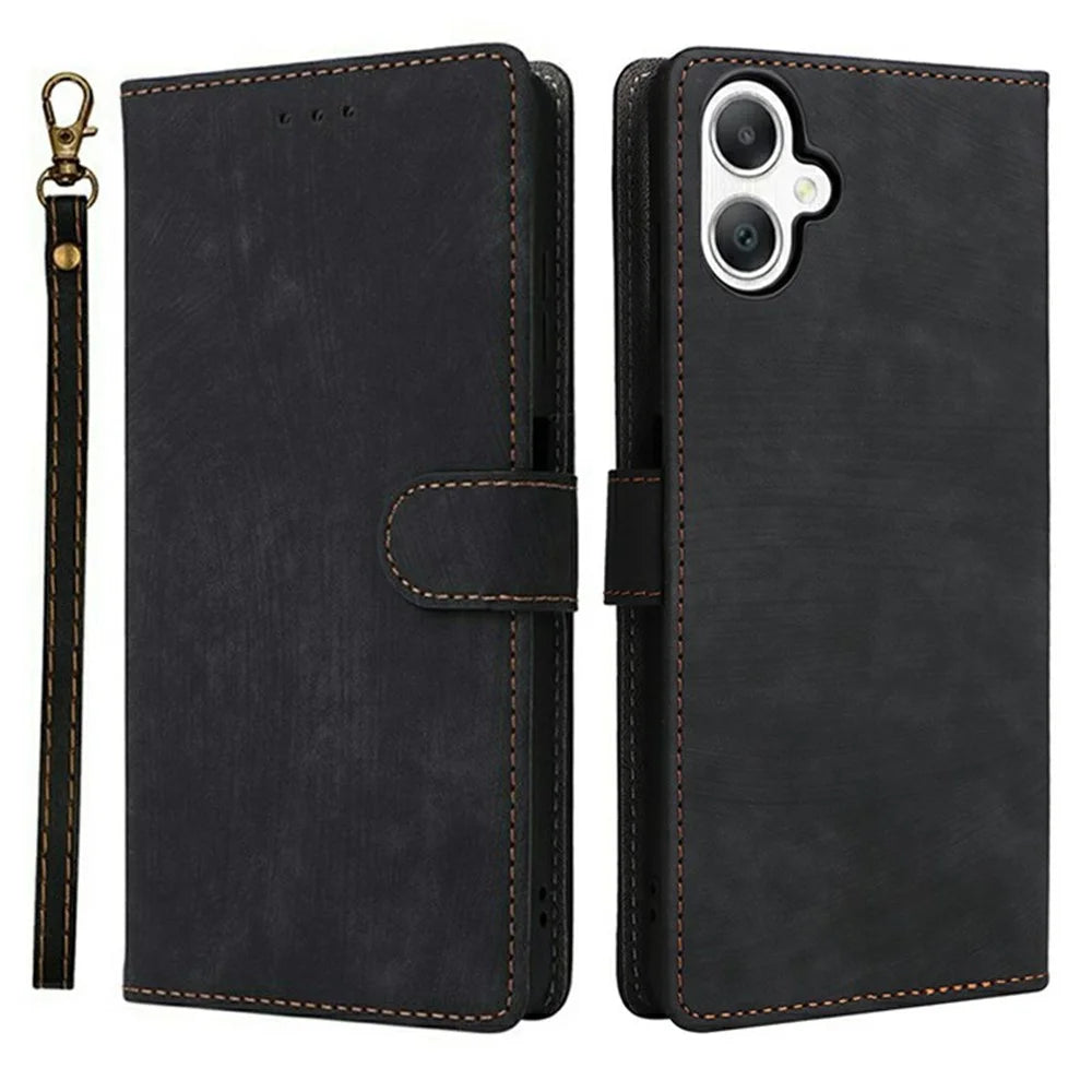 For Samsung Galaxy A08 5G / A08 4G / A07 4G Case Wallet RFID Blocking PU Leather Phone Cover Stand with Strap - Black - 1