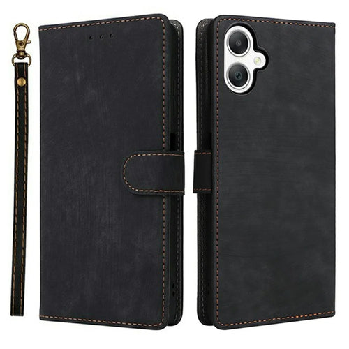 For Samsung Galaxy A08 5G / A08 4G / A07 4G Case Wallet RFID Blocking PU Leather Phone Cover Stand with Strap - Black - 1